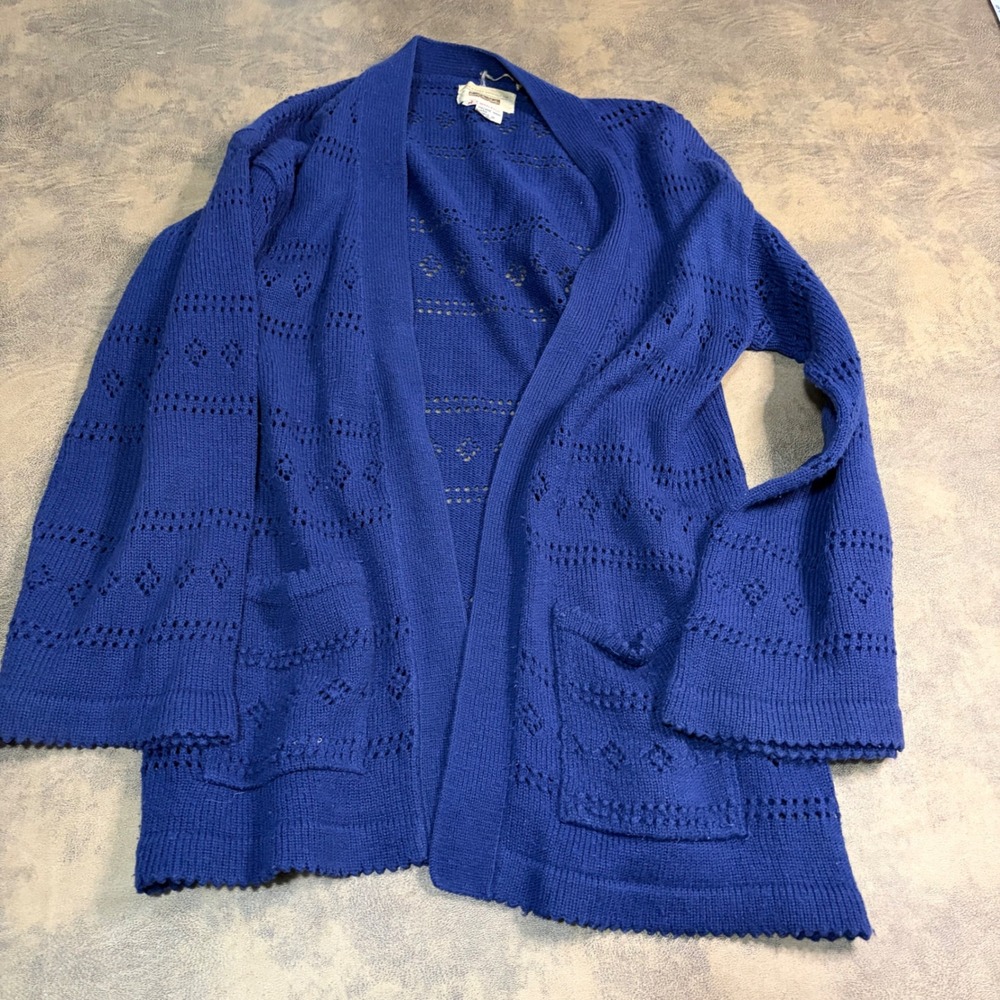 True Vintage Cardigan Sweater Womens Medium Blue Pointelle Open Carson